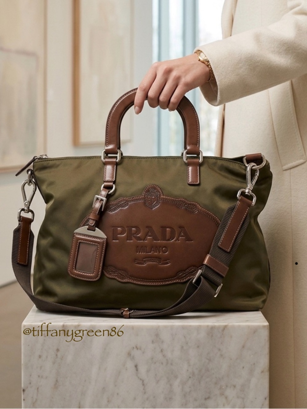 PRADA Vintage Milano Green Nylon 2-Way Tote Crossbody + COA